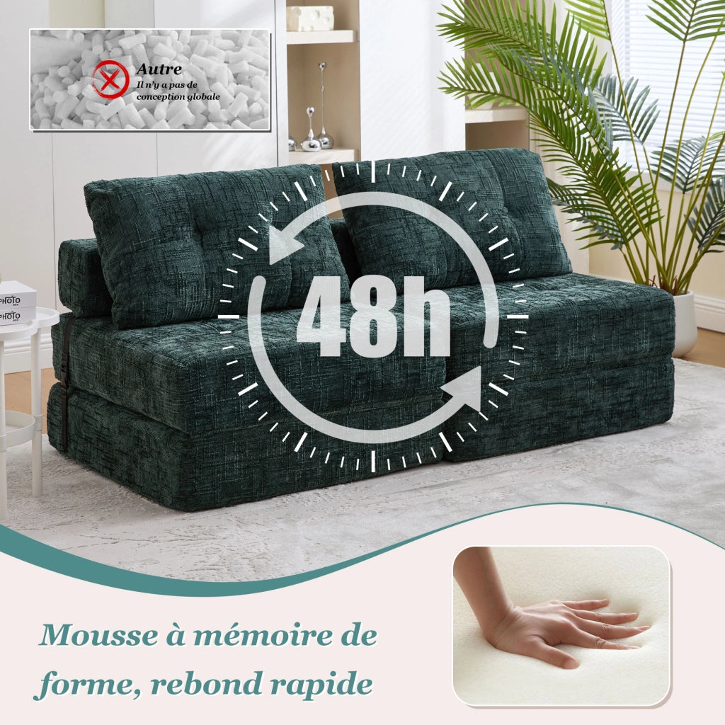 OKWISH Divano Letto Pieghevole con Schienale e Cuscini per Testa e Zona Lombare, Salvaspazio, Ciniglia Verde Smeraldo