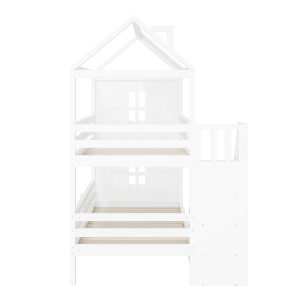 Letto a castello per bambini 90x200 cm con scala contenitore, cassetti e ripiani, senza materasso, bianco