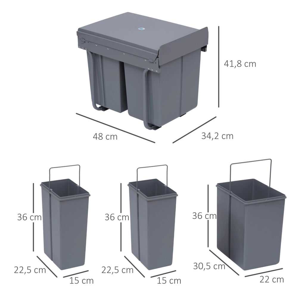 Cestino per la raccolta differenziata con 3 contenitori amovibili ¨C zephmum ¨C grigio 40L