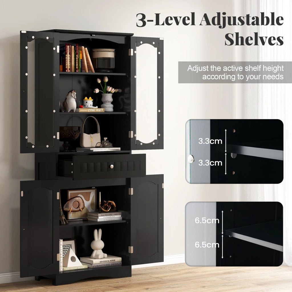 Mobile da Bagno a Terra, Armadietto da Bagno Alto, Mobiletto da Bagno Moderno, con 4 Ante in Vetro e 1 Cassetto, Ripiani Regolabili in Altezza, Ampio Spazio di Stoccaggio per Casa (Nero)