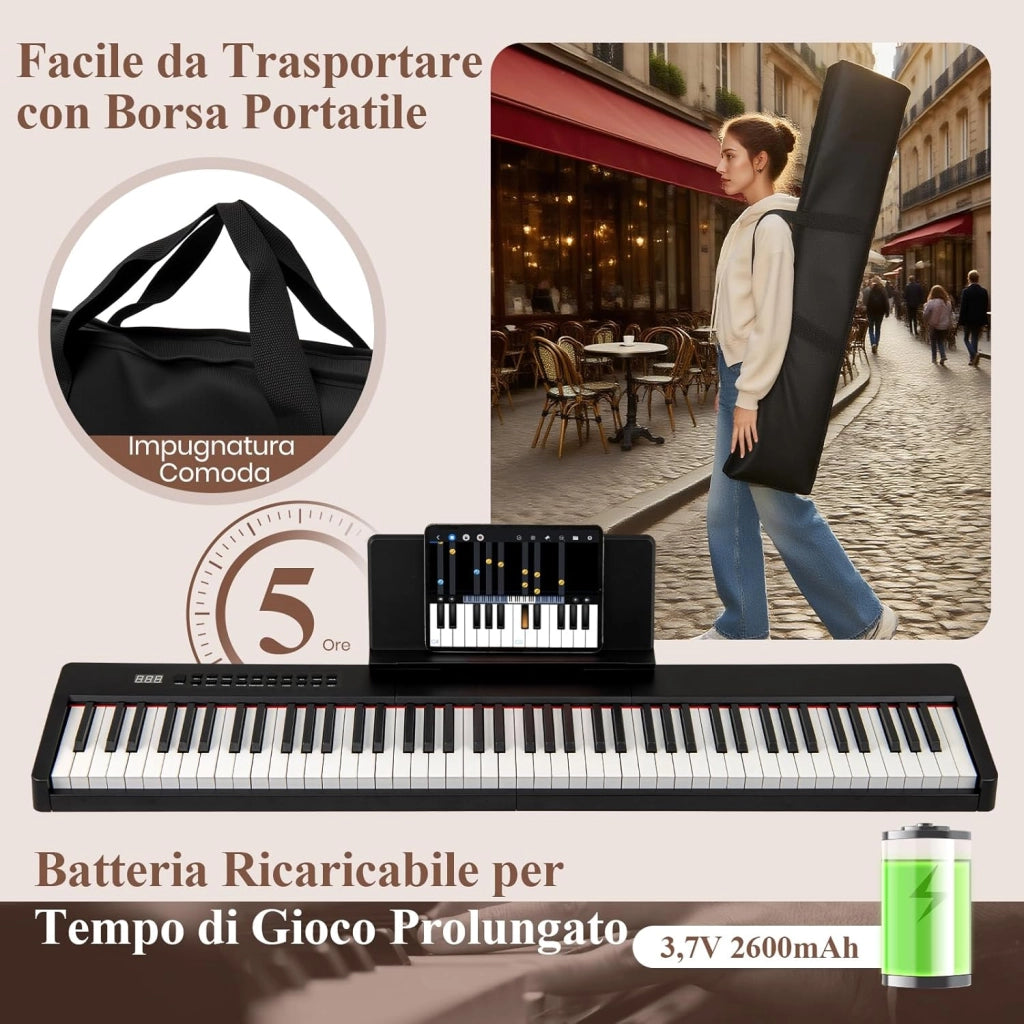 Pianoforte Digitale a 88 Tasti, Tastiera Elettrica per Principianti con 380 Timbri, 128 Ritmi e 88 Demo, Pianola Tastiera Portatile e Leggera con Borsa da Trasporto (Nero)