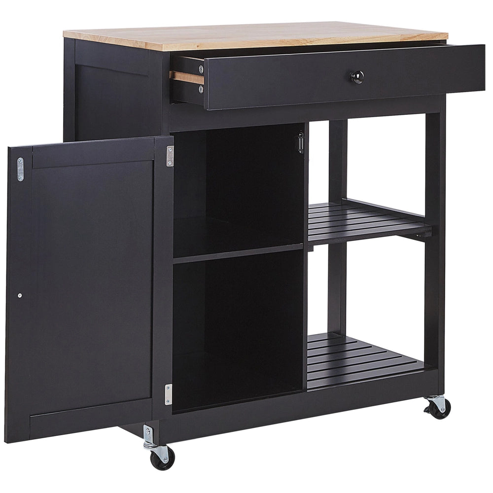 Carrello da cucina in MDF Nero legno di gomma 75 x 43 x 87 cm armadio porta asciugamani 2 ripiani cassetto posate ruote