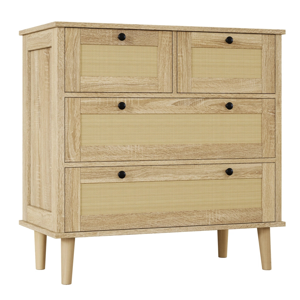 Chest of drawers with four rattan drawers - Zephmum- Solid wood legs