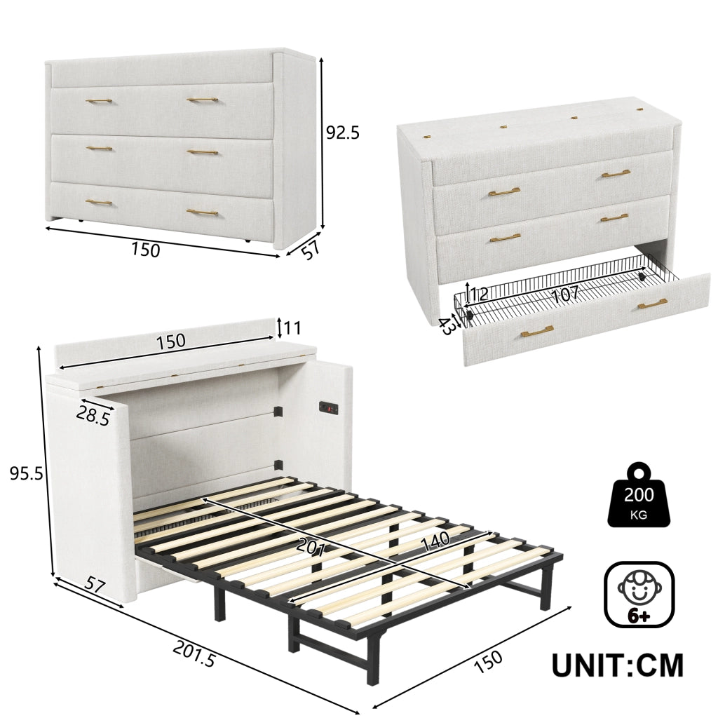 DESMIU Letto a scomparsa 140 × 200 cm 2 posti con USB, Type-C, cassetto e ripiano, senza materasso, beige