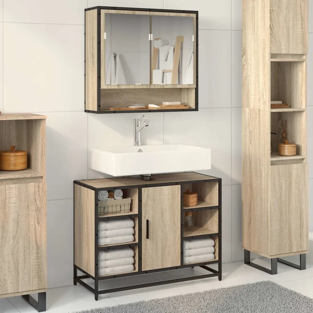 Mobiletto per Lavabo da Bagno Rovere Sonoma 80x33x60 cm Legno Massello 849290