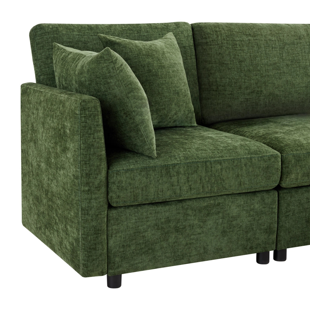 Divano angolare modulare con pouf mobile e 4 cuscini in chenille per soggiorno e ufficio verde 216 × 161 × 81 cm