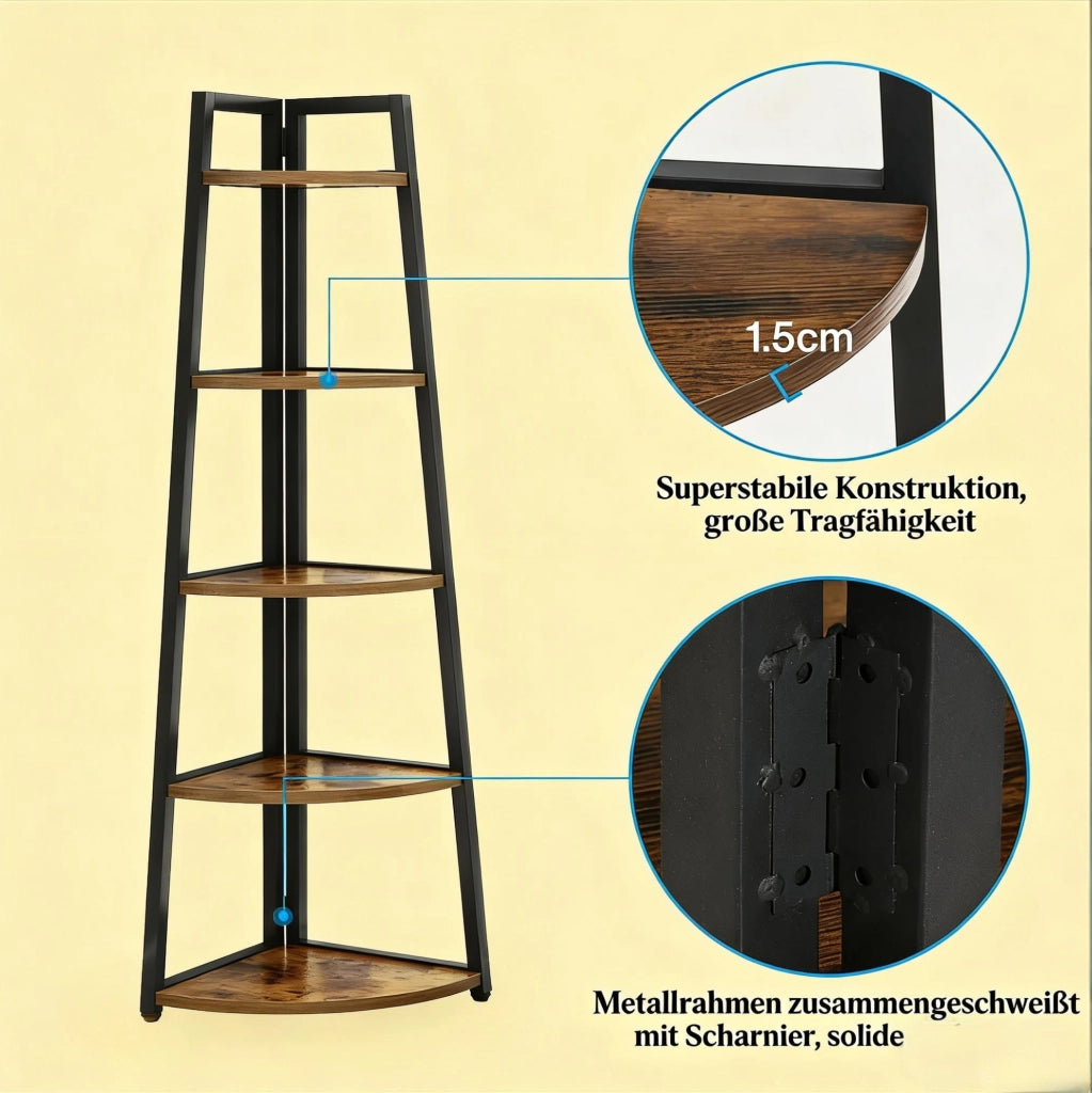 Libreria angolare ULEVR a 5 ripiani, scaffale da angolo in metallo e legno, nero e marrone rustico