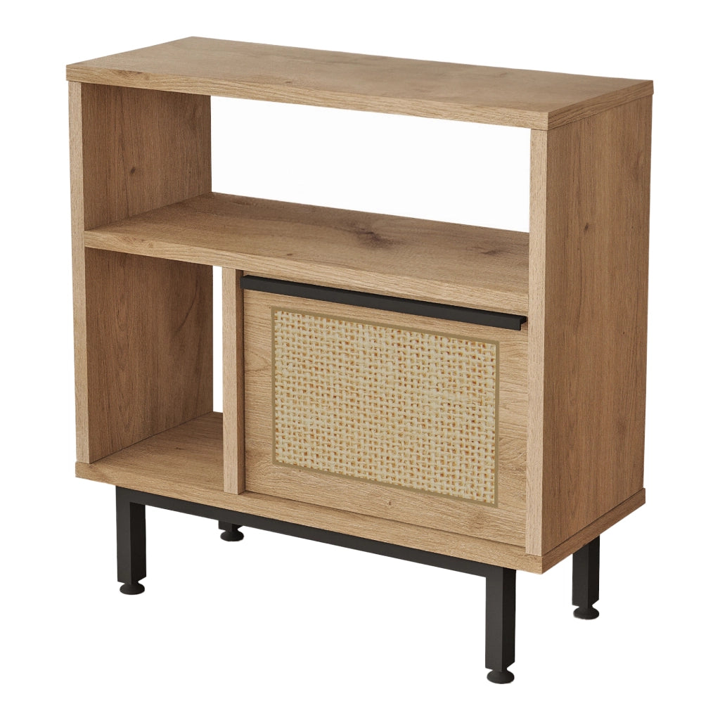 Tavolino Laterale da Divano Kvænangen 60x60x26 cm Effetto Rovere / Rattan [en.casa]