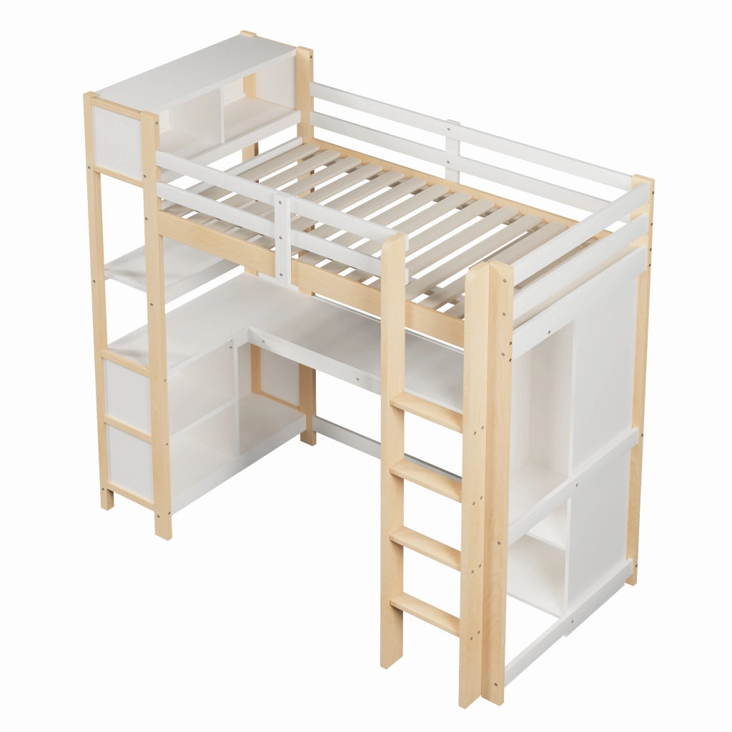 Letto a Soppalco con Scrivania e Armadio ¨C MINIMAL ¨C 90x200, Legno Naturale