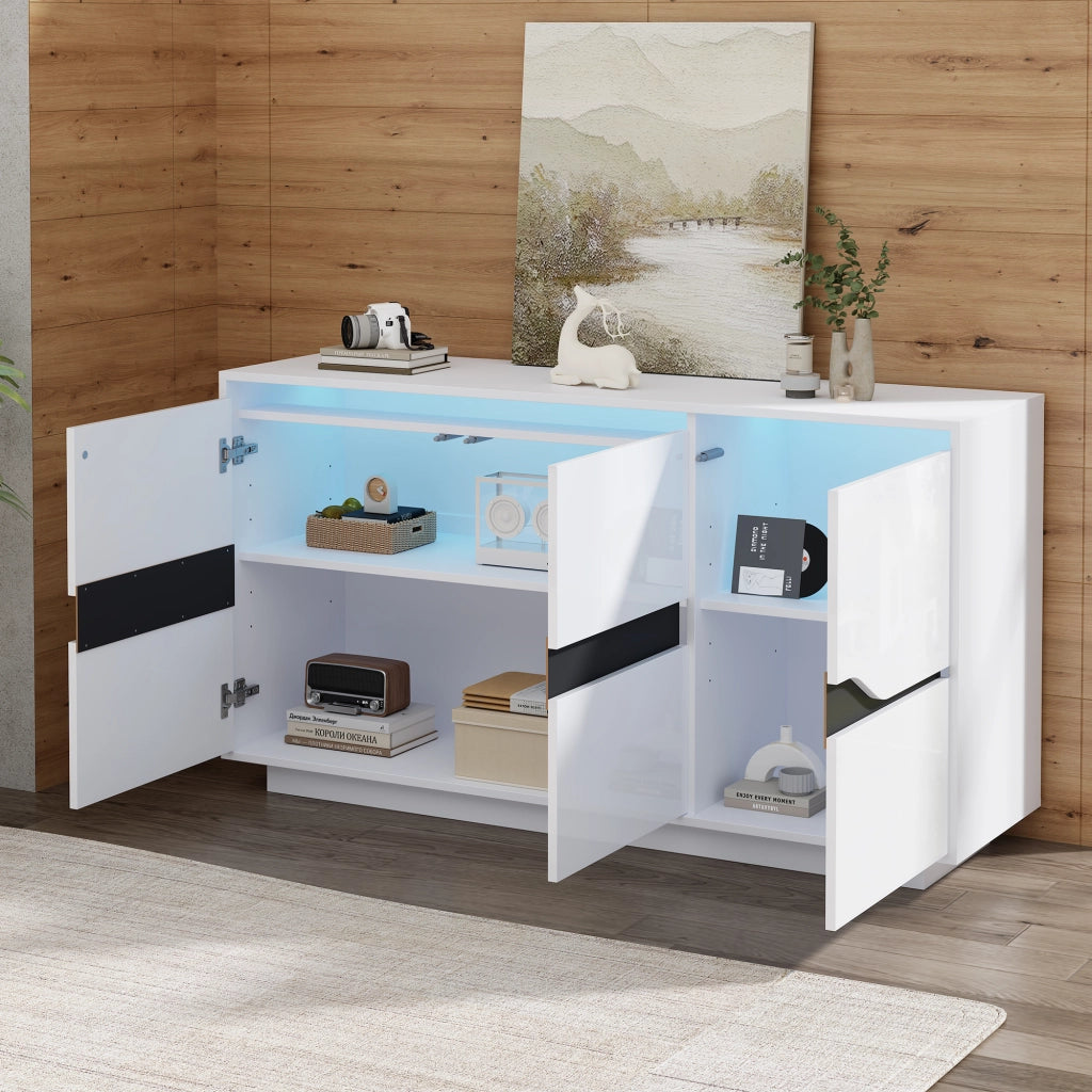 Credenza e madia con LED, 3 ante e ripiani regolabili, per soggiorno, in truciolare, bianco e nero, 140 × 40 × 70 cm
