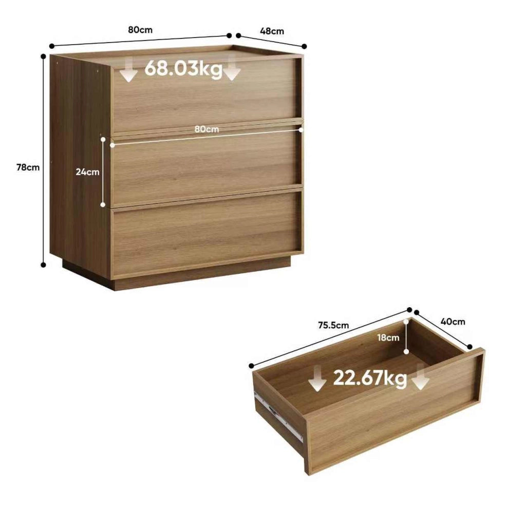 Cassettiera 80x48x78 cm con 3 cassetti; guide in metallo e sistema anti-ribaltamento; MDF e truciolare; naturale