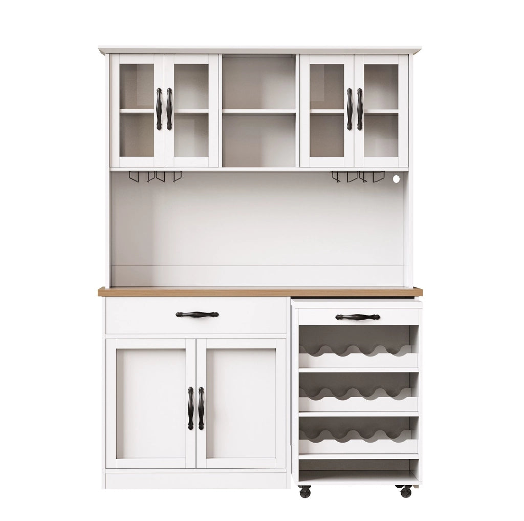 Credenza 140x38x180 cm con carrello estraibile; illuminazione LED regolabile; MDF e metallo; bianco