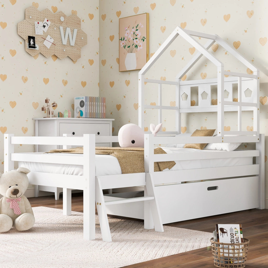 Letto rialzato per bambini 90x200 cm bianco con cassetto