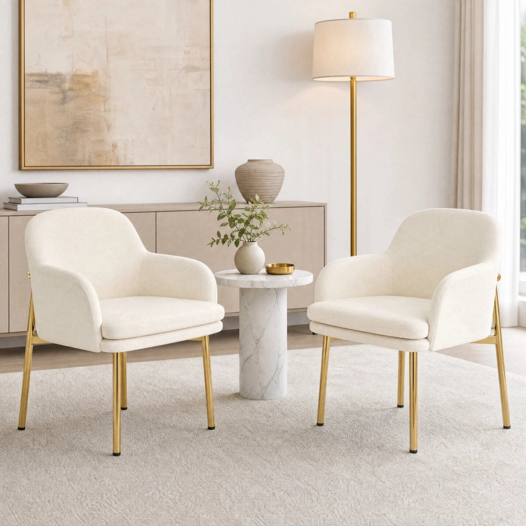 Set di 2 sedie da pranzo con braccioli, bianche, struttura in metallo e legno
