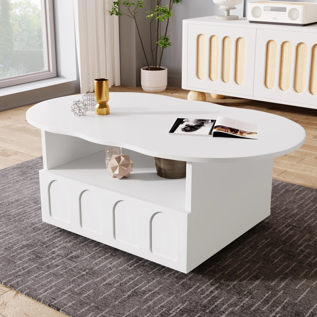 Tavolino da salotto con 1 Cassetto e 1 Vano aperto; Piano a Nuvola; per Soggiorno; in Pannelli di particelle; 100 × 60 × 40.5 cm; Bianco