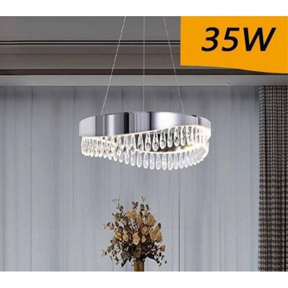 Trade Shop - Lampadario Soffitto Led 35 W Sospeso Argento Con Cristalli Luce Fredda 8000k B79 -