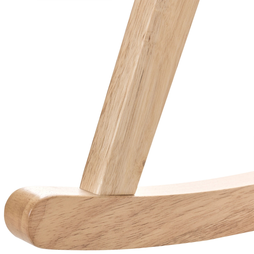 Poltrona a dondolo imbottita con schienale Vienna stile scandinavo struttura in legno di gomma tessuto marrone chiaro e beige chiaro