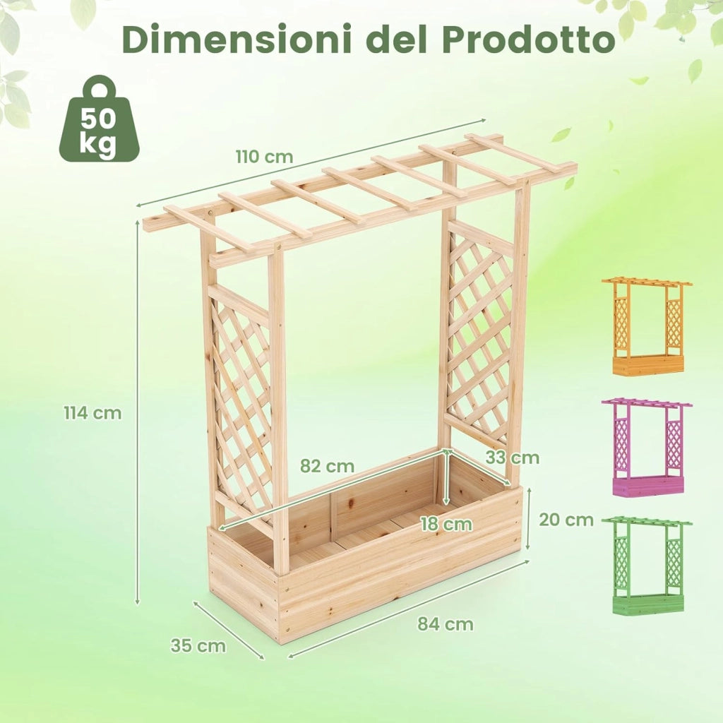 Fioriera Rialzata con Grigliato, Letto da Giardino Rialzato in Legno con Traliccio, Tetto e Fori di Drenaggio, Aiuola Elevata per Piante Rampicanti, Viti e Fiori (Naturale,110 x 35 x 114 cm)