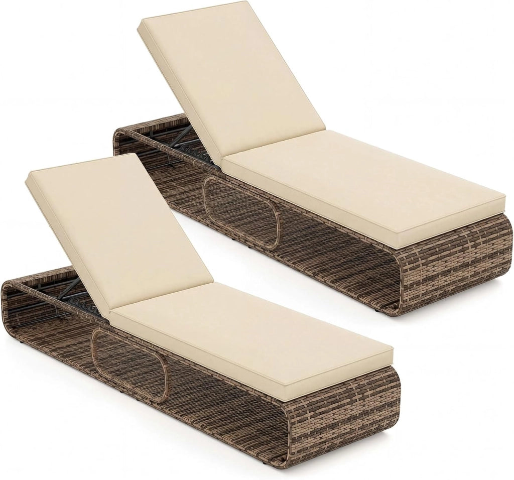 Sedia a Sdraio Imbottita in Rattan PE, Lettino Prendisole con Cuscino Morbido, Spazio di Stoccaggio e Schienale Regolabile a 7 Posizioni, Portata 180 kg, per Piscina e Giardino (2, Marrone)