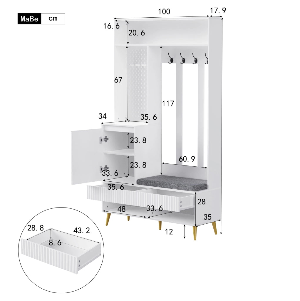 Mobile ingresso con panca; 4 ganci; 2 cassetti e vano contenitore; bianco 100x35x180 cm; MDF