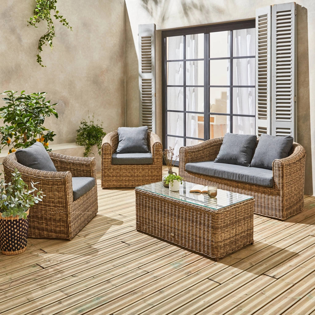 Salotto da giardino in resina intrecciata, 4 posti, beige