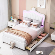 OKWISH Letto Bambino 90×200 cm, Letto Singolo con 2 Cassetti, LED Regolabile e Testiera Regolabile, senza Materasso, PU Bianco