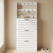 Appendiabiti con scarpiera a 3 ripiani; 8 ganci; 70x25x165 cm; in truciolare bianco