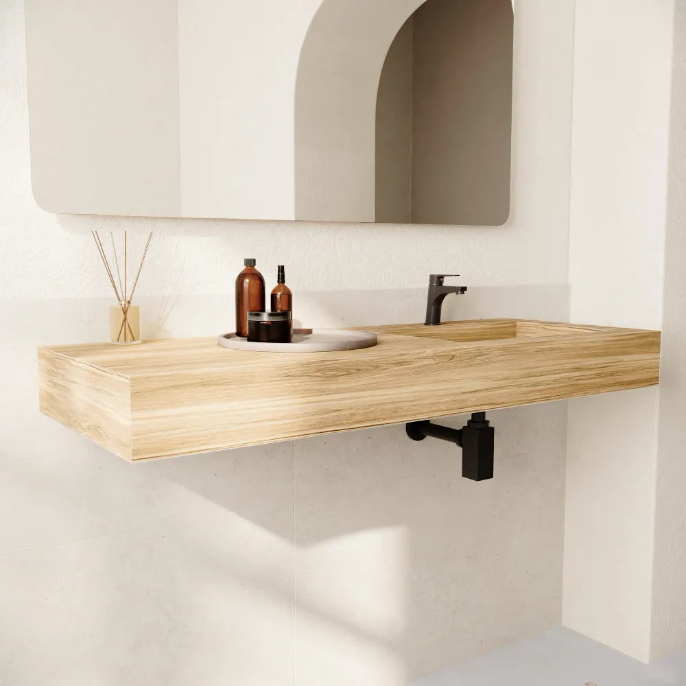 Lavabo sospeso con vasca a destra in hpl 120cm rovere miele | Baikal