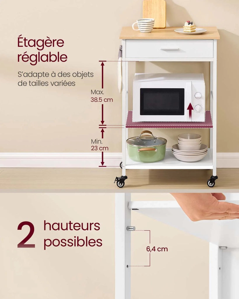 Carrello da cucina su ruote isola cucina mobile 45 x 60 x 90 cm con cassetto e 2 ganci per sala da pranzo bianco 12_0008027