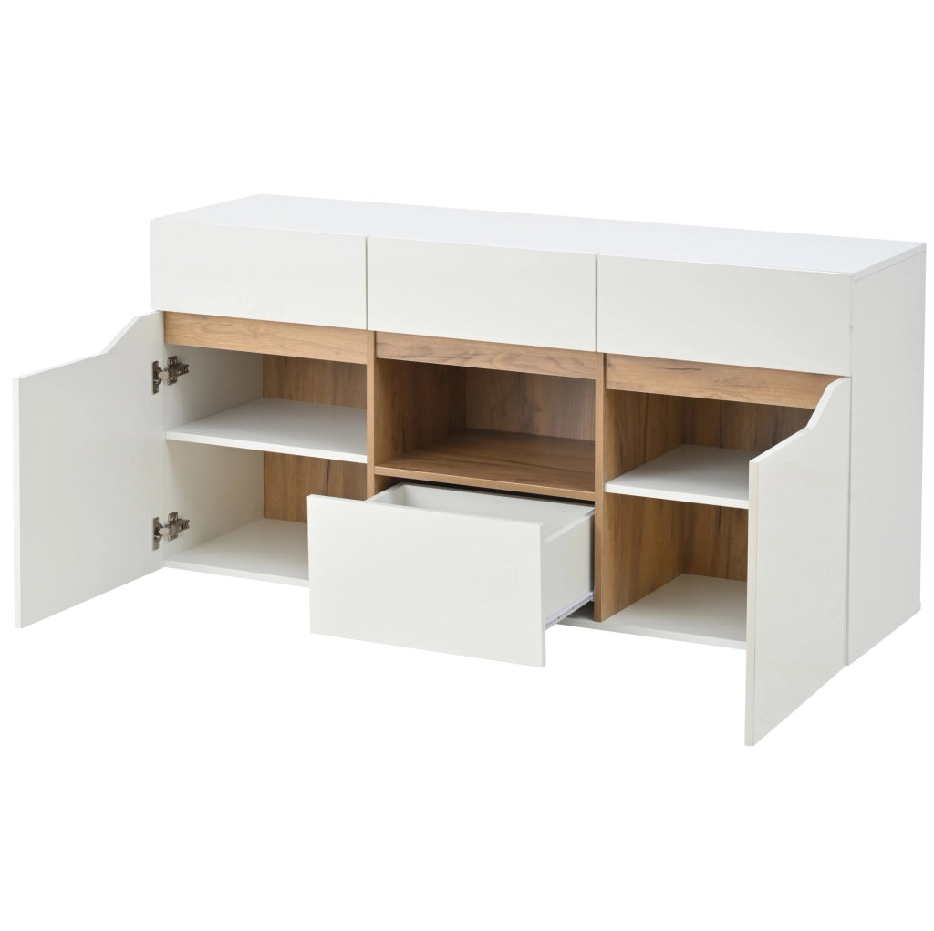 Madia ULEVR 140x40x70 cm con 4 cassetti, 2 vani, area semiaperta e LED USB, bianco e effetto legno