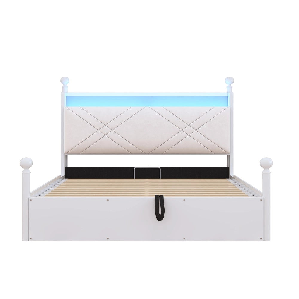 Letto a due piazze multifunzionale - Zephmum - 140x190 cm - Bianco - Struttura in ferro battuto, vano sottostante idraulico, baldacchino, LED e porte USB/Type-C