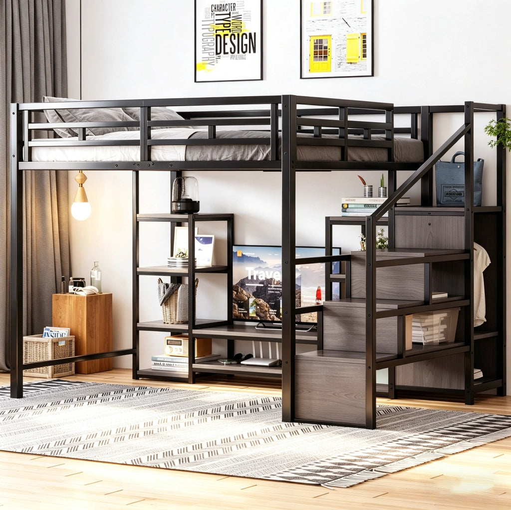 Letto a soppalco 140x200 cm con supporto TV e presa, nero