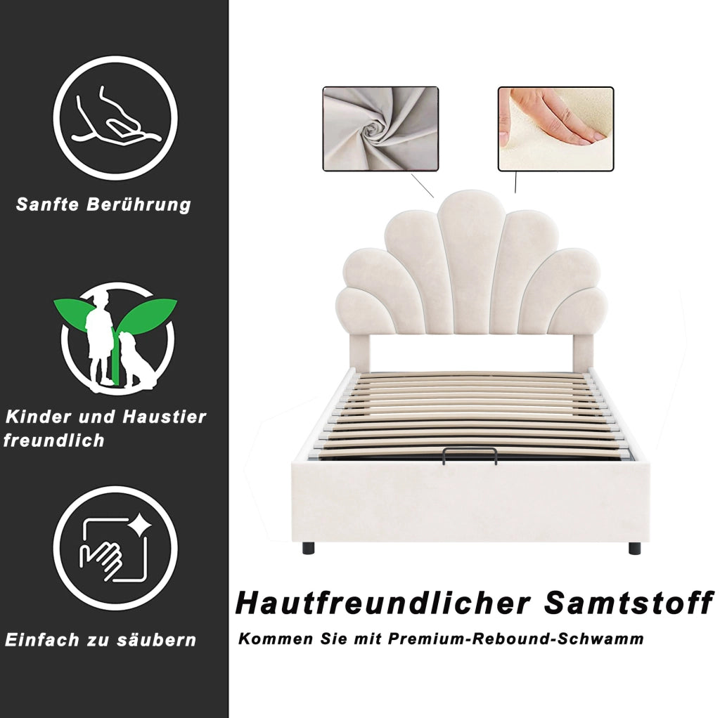 Letto imbottito 90 x 200 cm in velluto con contenitore idraulico; beige