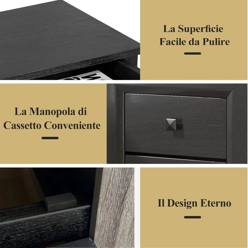 COSTWAY Comodino 40 x 39,5 x 55cm con 2 Cassetti, Tavolino Moderno da Salotto con Solide Gambe in Legno di Gomma, Mobile per Ufficio, Salone e Camera da Letto (2 x Nero)