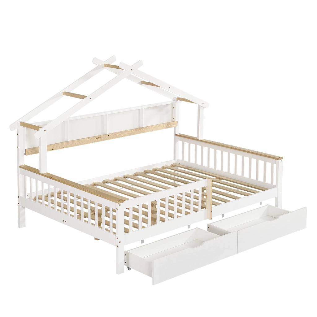 Letto per bambini con tetto e protezioni 140x200 cm; bianco e naturale