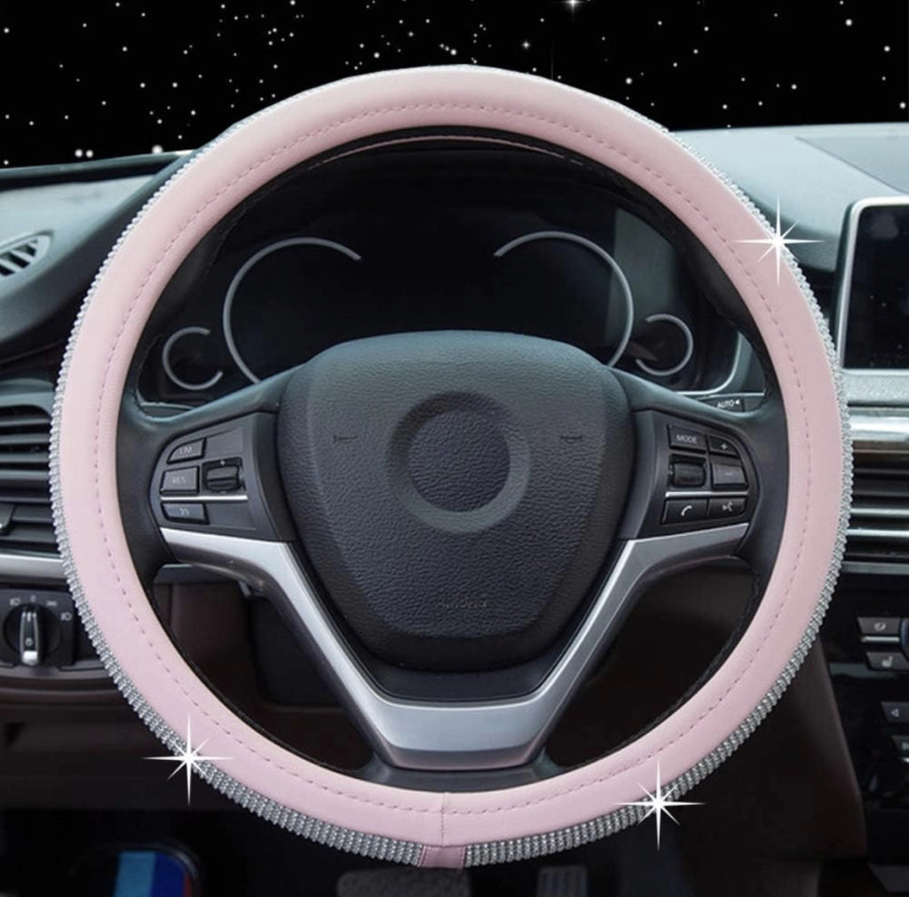 Coprivolante per Auto Rosa Diamond Strass Bling 38cm Pelle PU Antiscivolo Stile Glitter per Donna Ragazza