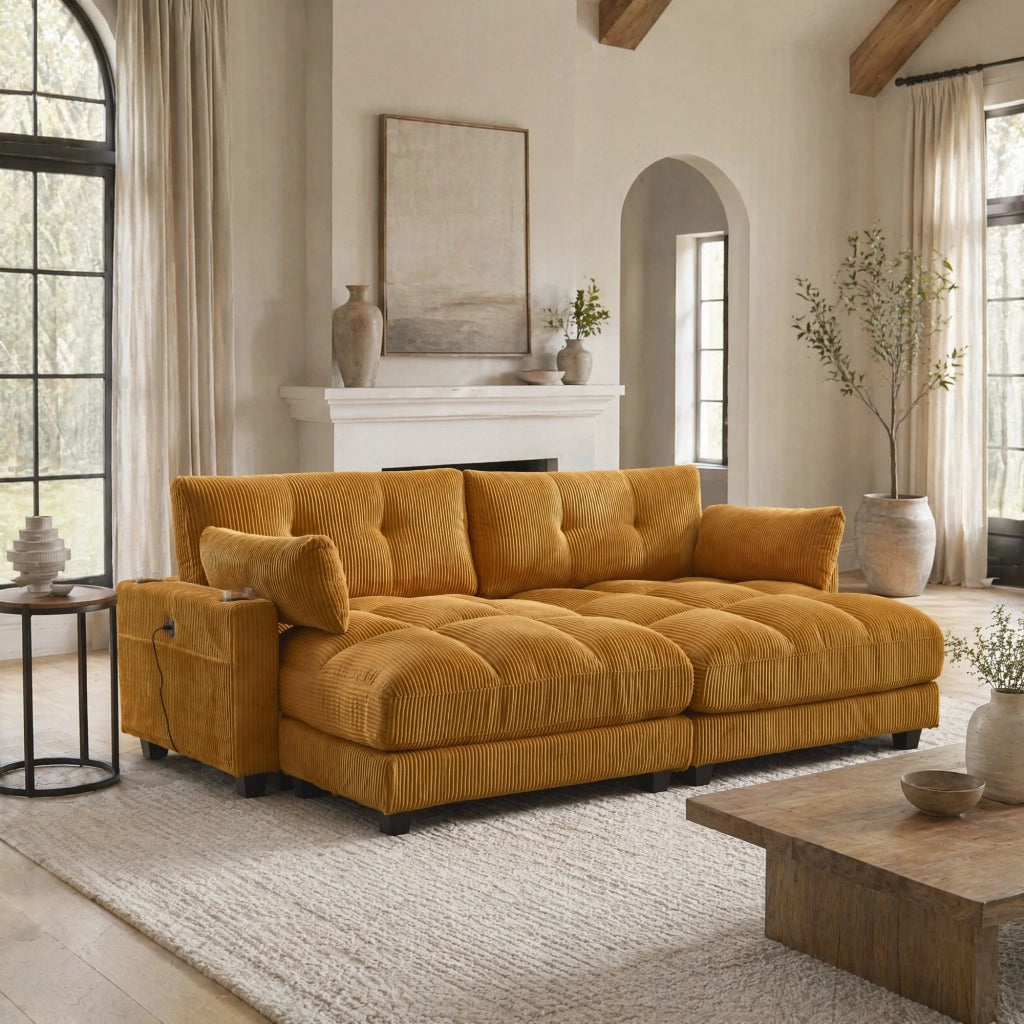 POLTRONA relax 140x112x81 cm in velluto a coste giallo senape con porta bicchieri