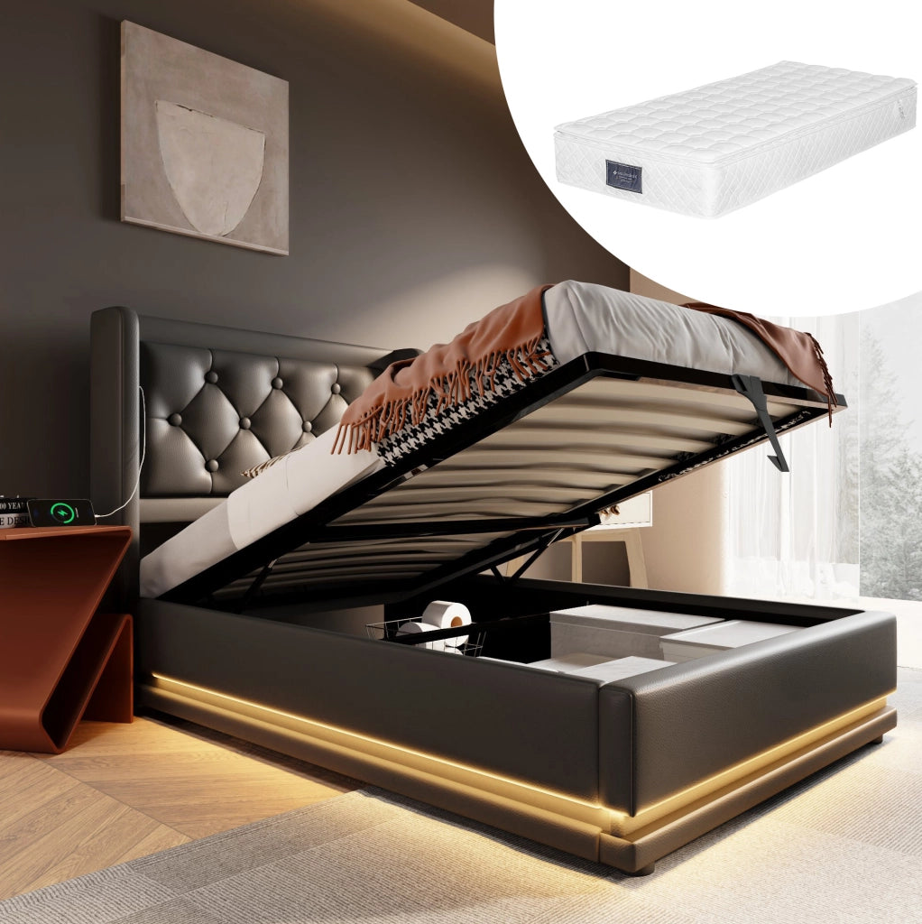 Letto singolo imbottito 90x200 cm in PU nero con contenitore; LED e porta USB Tipo-C