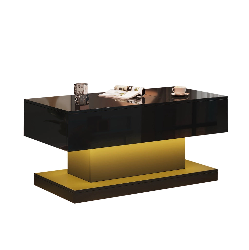 Tavolino da caffè con piano sollevabile idraulico e scorrevole; LED; 100x50x45 cm; nero