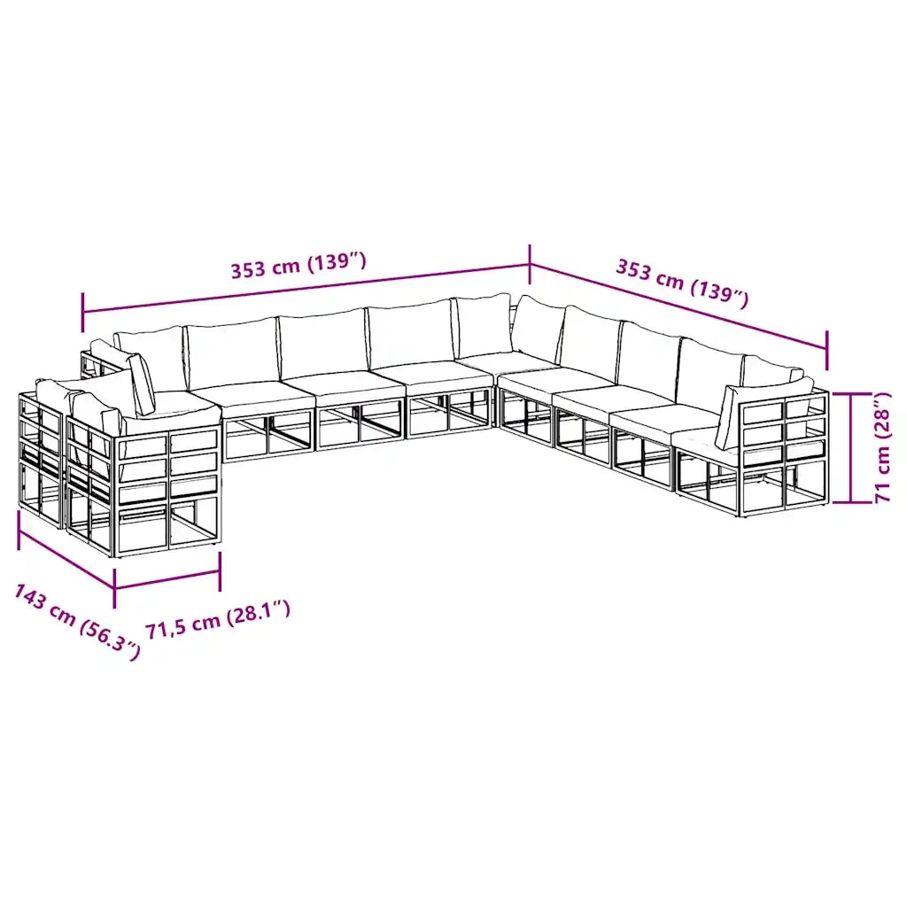 Set Divano da Giardino con cuscino 11 pcs Nero Alluminio