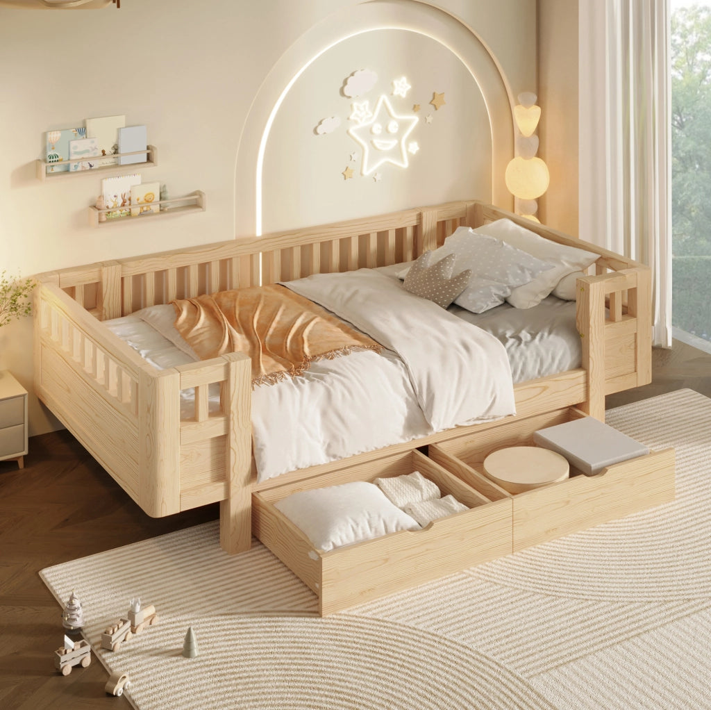 Letto singolo 90x200 in pino con sponde e 2 cassetti
