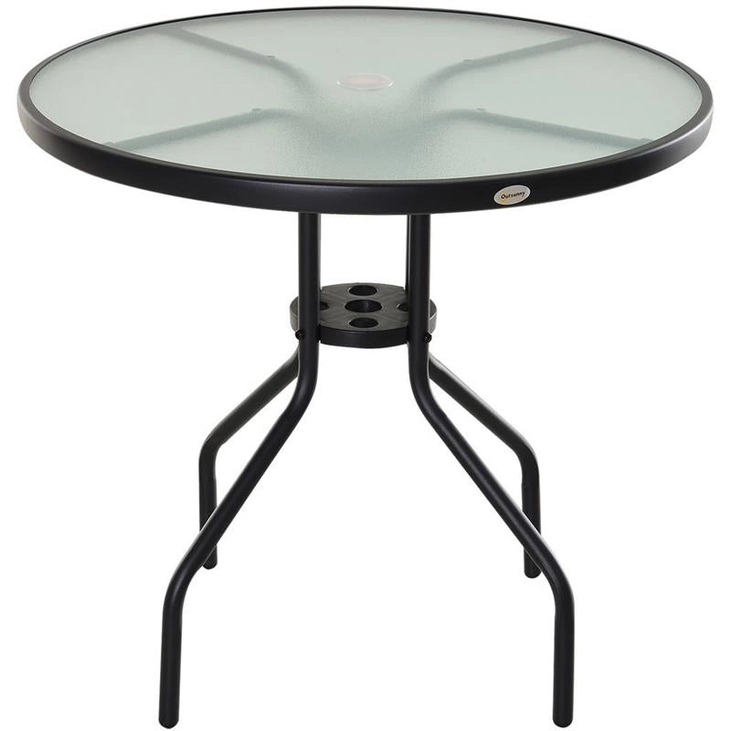 TAVOLINO DA GIARDINO CON PIANO IN VETRO TEMPERATO E FORO 80 X 72 CM NERO