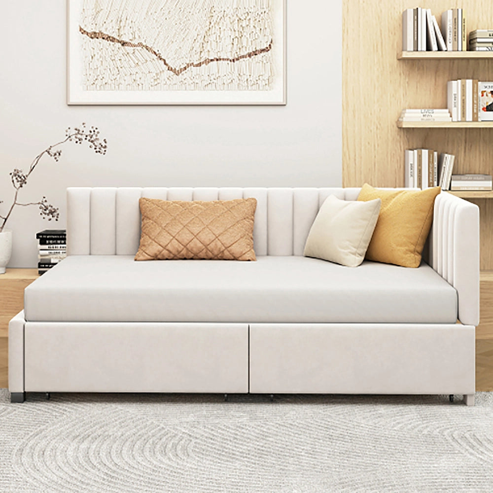 Letto a due piazze con divano letto - Xylo - 90x200 cm - Beige - 2 ampi cassetti e rete a doghe