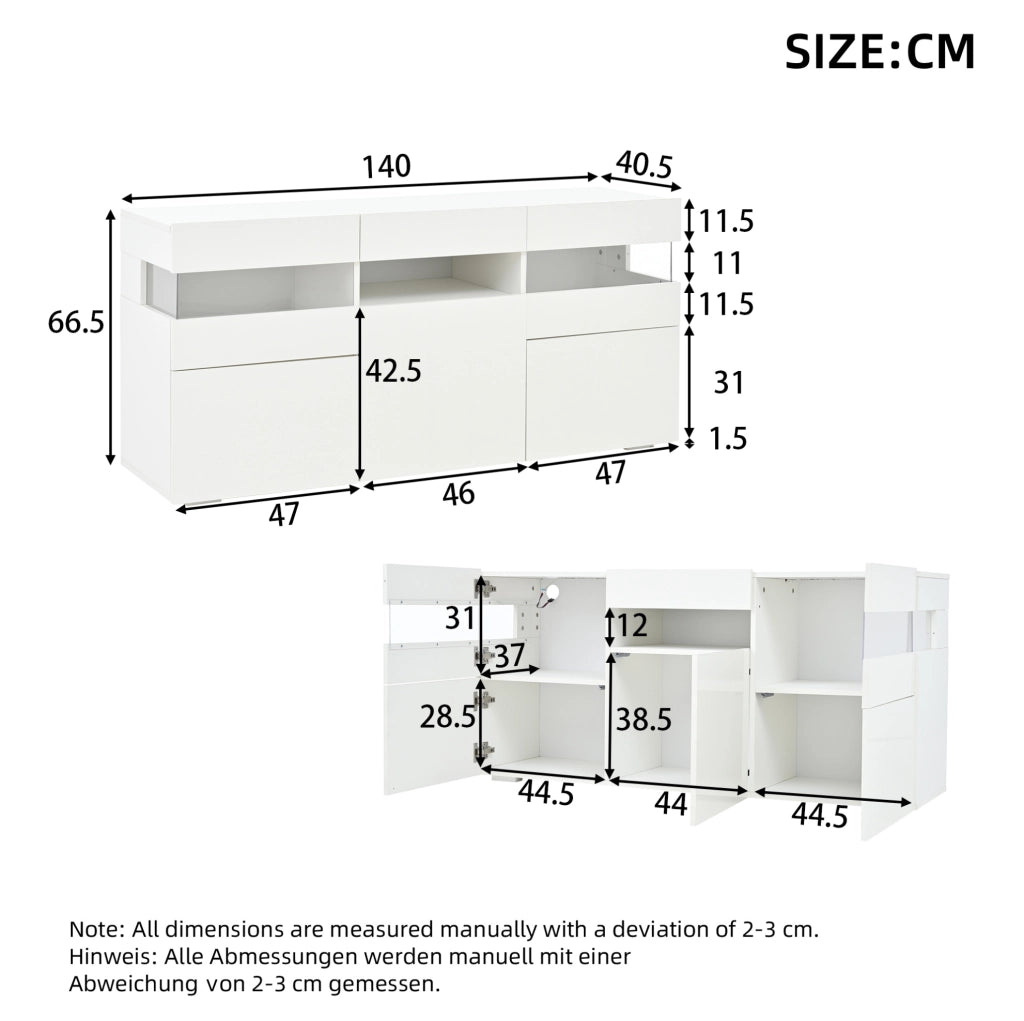 Madia soggiorno bianca 140 cm con LED, 3 ante e 7 ripiani