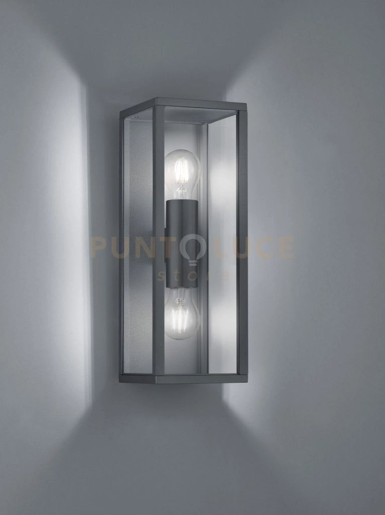 GARONNE APPLIQUE DA ESTERNO DOPPIA LAMPADINA FUSIONE DI ALLUMINIO ANTRACITE E VETRO TRASPARENTE IP44 H.40CM 2 LUCI ATTACCO E27