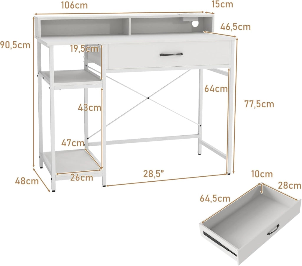 Scrivania per Computer con Cassetto e Scaffale a 2 Livelli, Scrivania per Home Office con Mensola per Monitor e Stazione di Ricarica Integrata (Bianco)