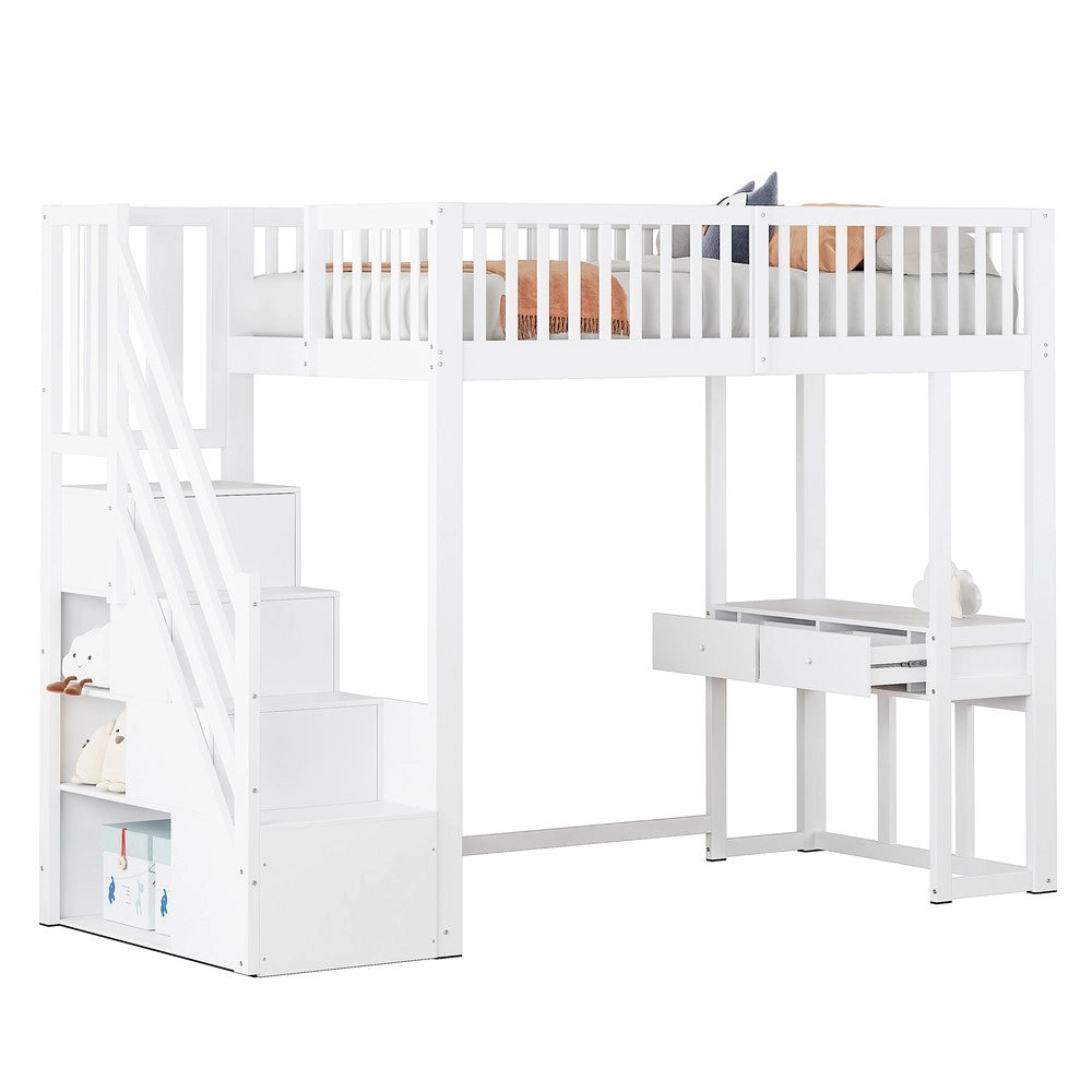Letto a Soppalco con Scrivania e Scala Contenitore ¨C Xylo ¨C Pino Massello Bianco 90x200