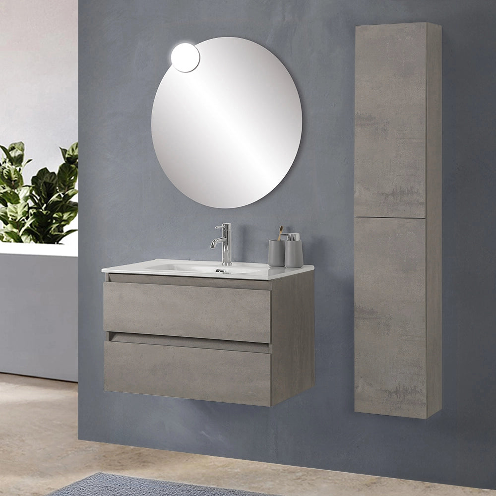 Mobile bagno sospeso 80 cm in legno grigio cemento 2 cassettoni con lavabo Leda