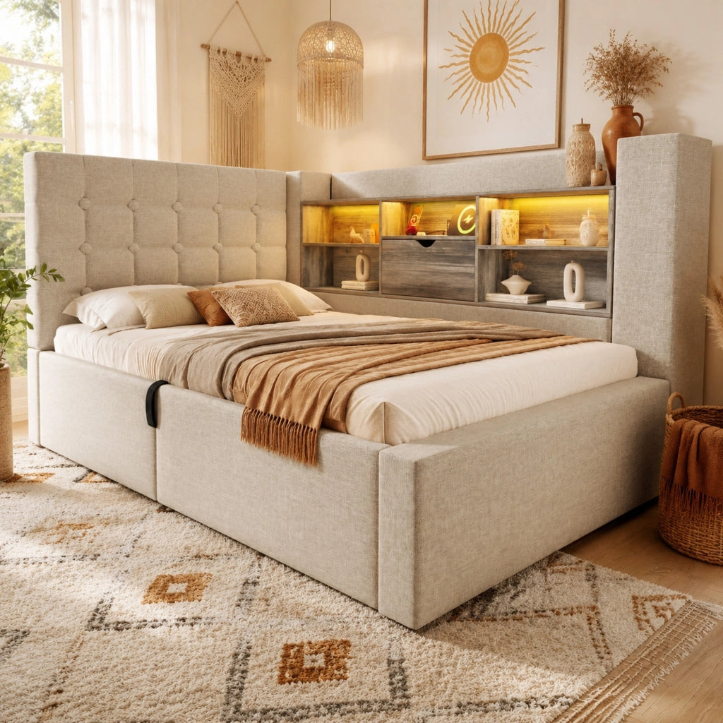 Letto singolo 90x190 cm con LED, vano contenitore e prese USB, beige