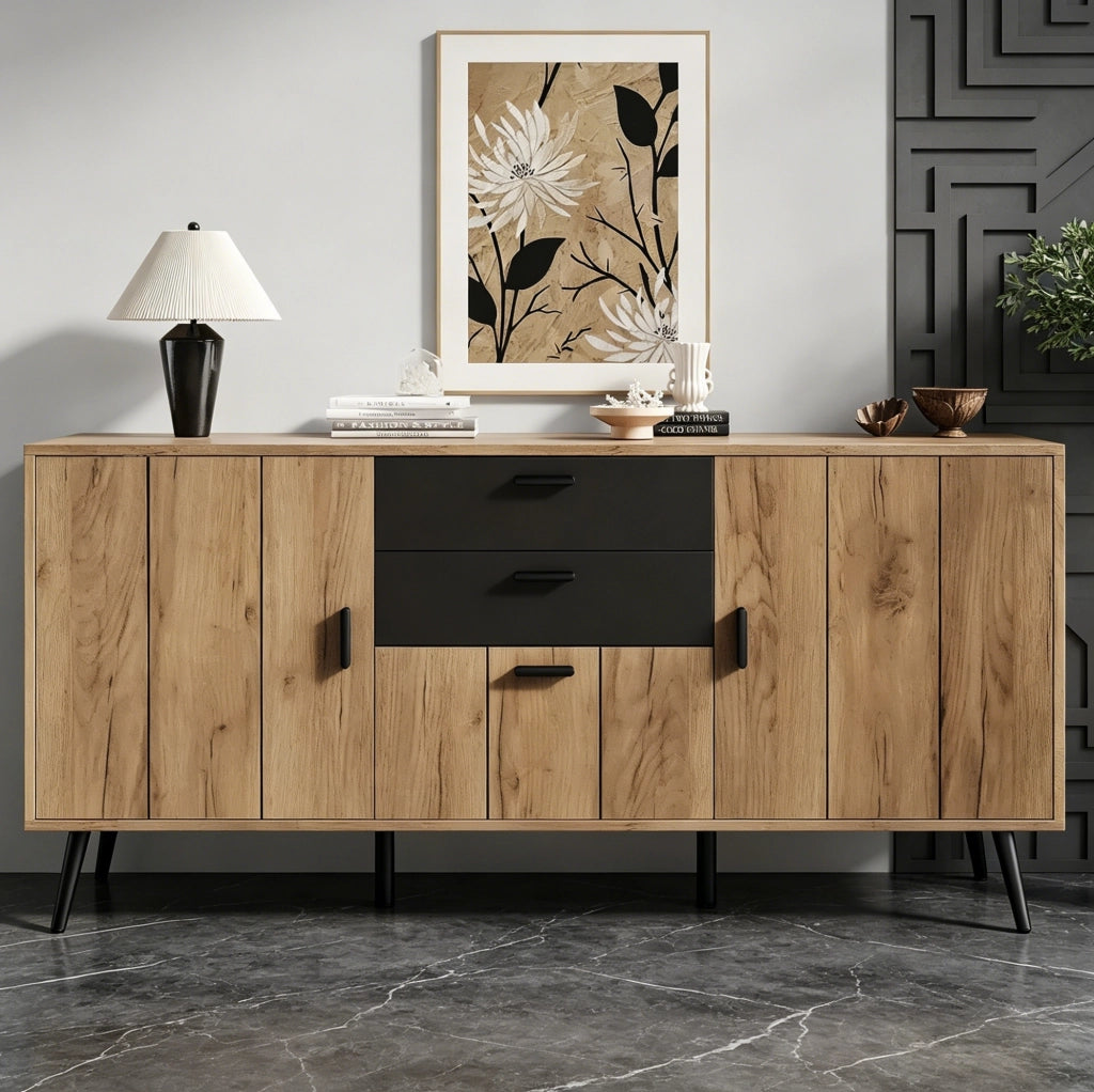 Mobile contenitore in MDF nero e legno con 2 cassetti e 3 ante, 140x35x67 cm